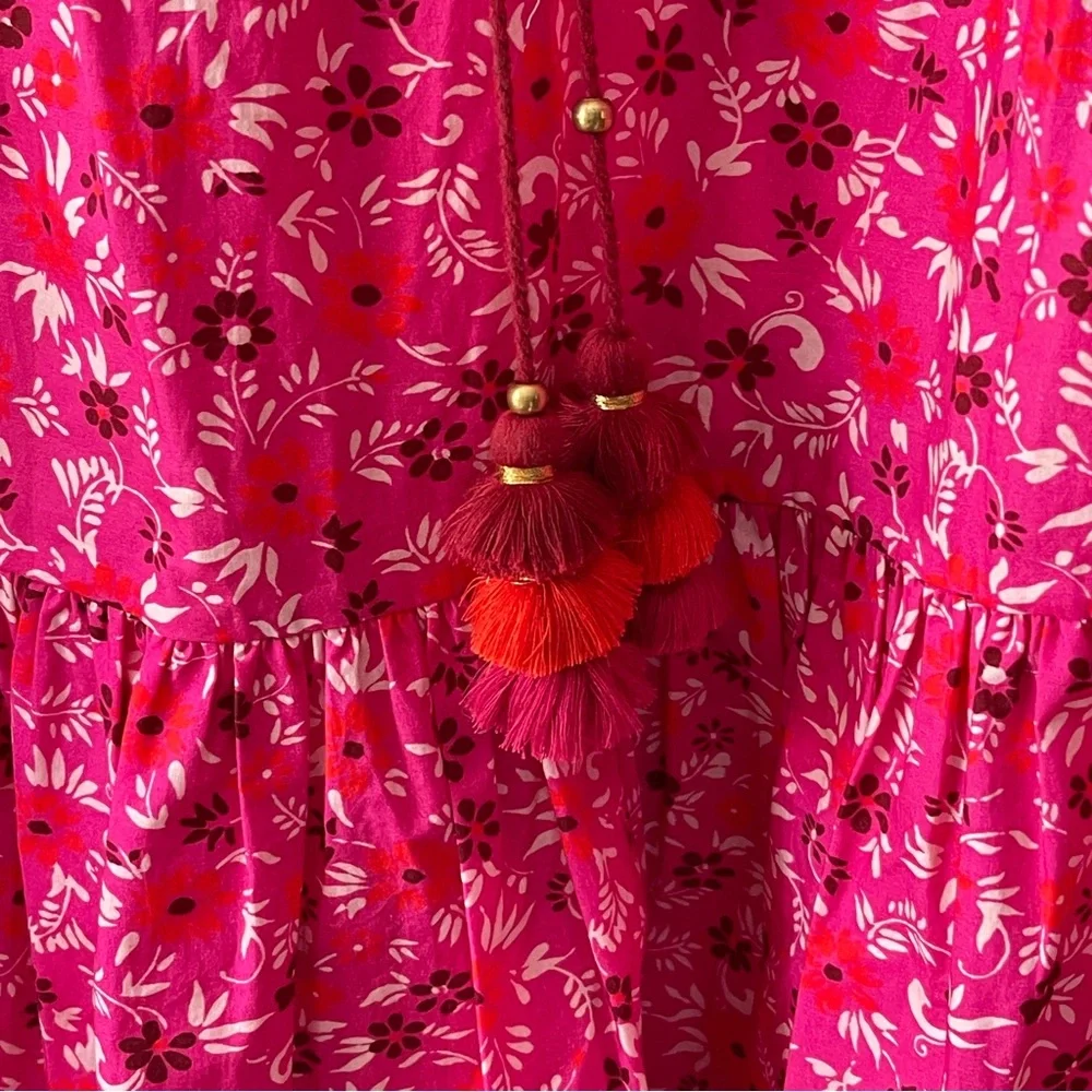 Figue Bella Short Dress Small Pink Floral Tiered Boho Tassel Mini Retail $395